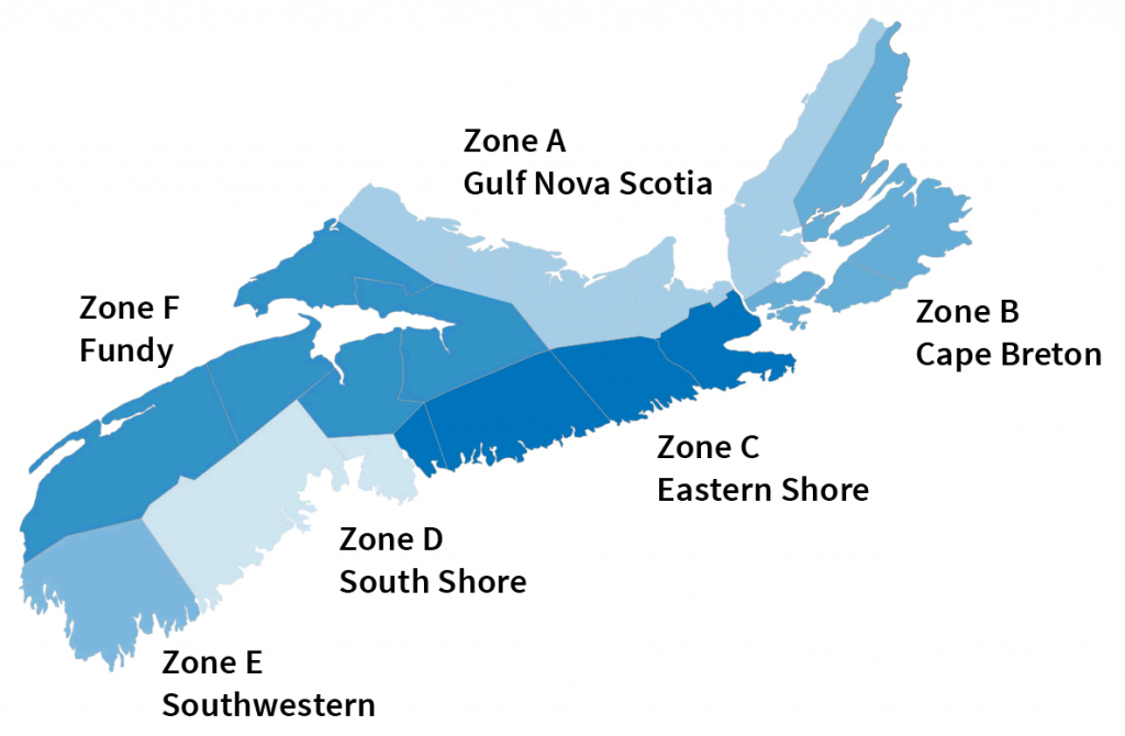 Map of Nova Scotia showing the 6 geographical zones and fleet sectors.