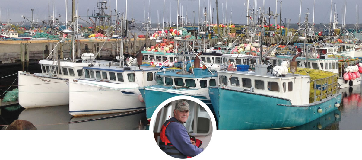 Fleet of fishing boats at the wharf, loaded with lobster traps, for the start of the lobster fishing season, ‘dumping day’
